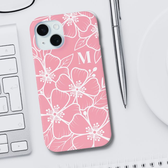 Pink White Floral Initial Monogram Case-Mate iPhone Case (Girly Pink Floral Initial Monogram iPhone 15 Case)