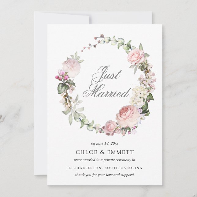 Pink White Floral Just Married Elopement Announcement (Front)