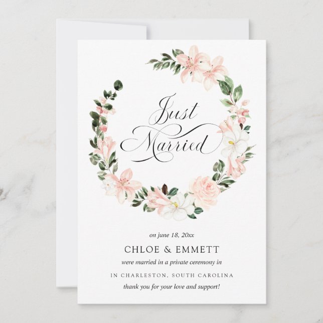 Pink White Floral Just Married Elopement Announcement (Front)