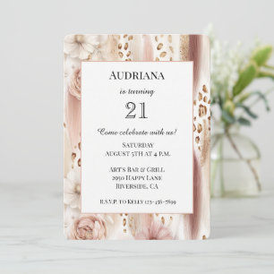 Pink White Floral Leopard Abstract Birthday Invitation