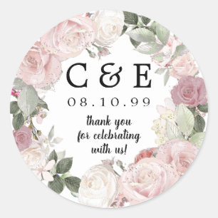 Pink White Floral Monogrammed Wedding Thank You Classic Round Sticker