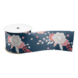 Pink White Floral Navy Blue Satin Ribbon