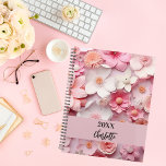 Pink white floral pattern name script 2025 planner<br><div class="desc">Pink and white coloured flower pattern.  Personalise and add a year (any year) and your name. The name is written with a modern hand lettered style script</div>