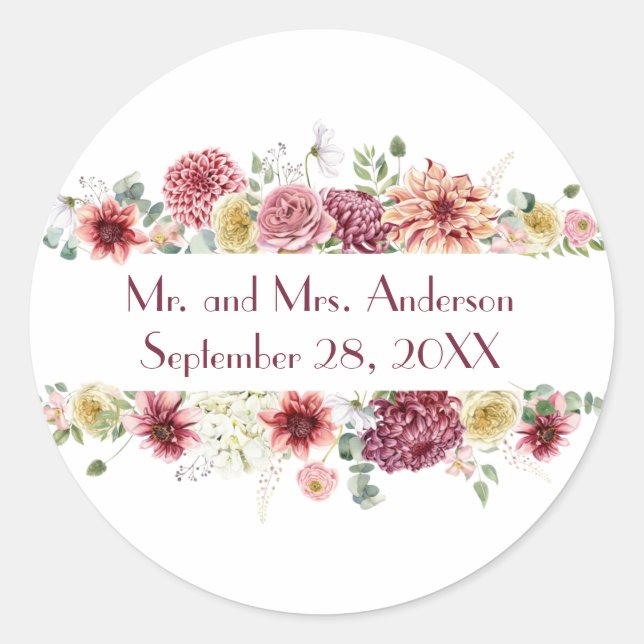 Pink White Floral Personalised Names Wedding Date Classic Round Sticker (Front)