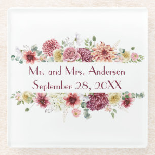 Pink White Floral Personalised Names Wedding Date Glass Coaster
