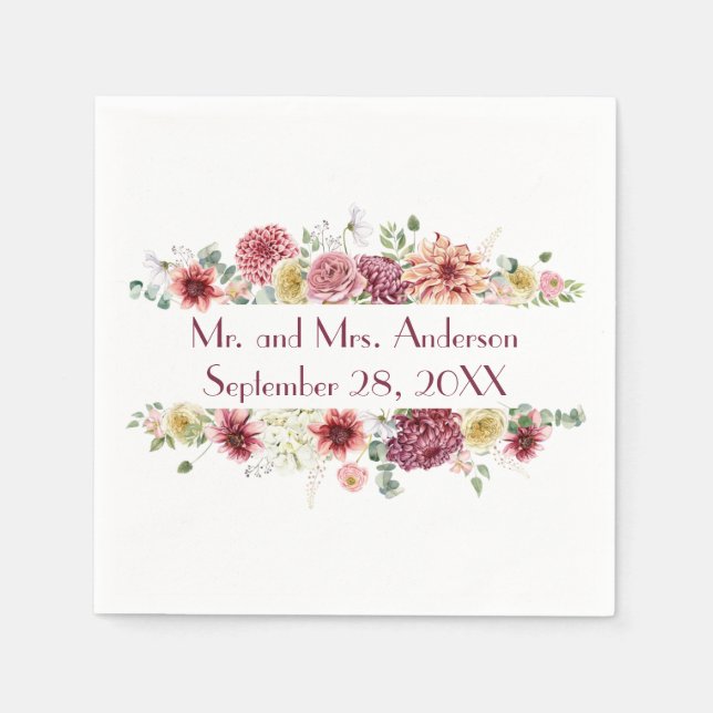 Pink White Floral Personalised Names Wedding Date  Napkin (Front)