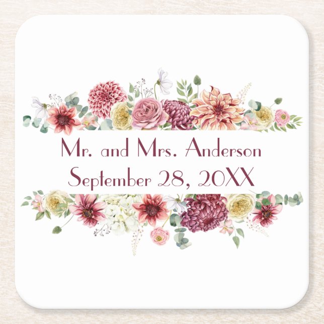 Pink White Floral Personalised Names Wedding Date  Square Paper Coaster (Front)