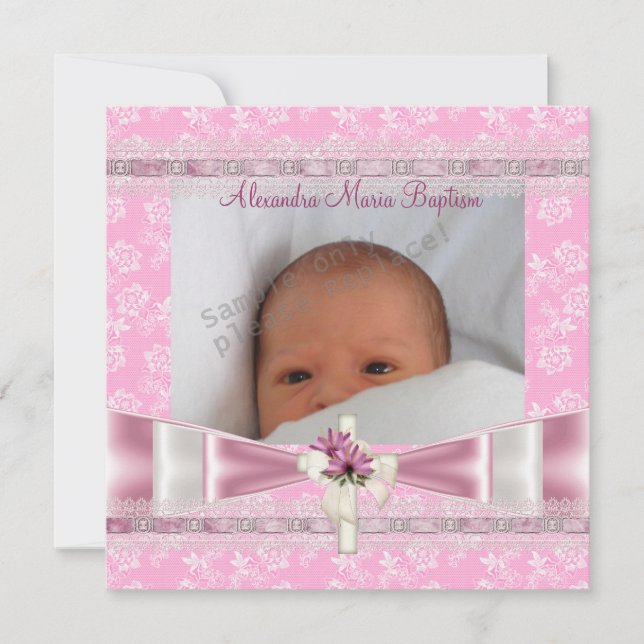 Pink White Floral Photo Cross Baptism Christening Invitation (Front)