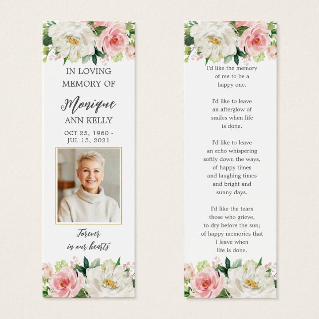 Pink White Floral Photo Funeral Memorial Bookmark (Front & Back)