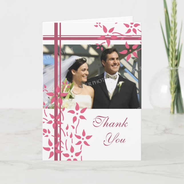 Pink & White Floral Photo Wedding Thank You Card (Front)