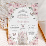 Pink White Floral Princess Castle Quinceañera XV  Invitation<br><div class="desc">Personalise this lovely quinceañera invitation with your own wording easily and quickly. Click the Edit Using Design Tools button to further edit the text, wording, font style, font size, font colour, add more text, move or remove some images. The butterflies, castle and crown are moveable, resizable, multipliable and removable. Matching...</div>