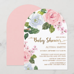 Pink White Floral Roses Arch Baby Shower Invitation