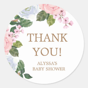 Pink White Floral Roses Baby Shower Thank You Classic Round Sticker