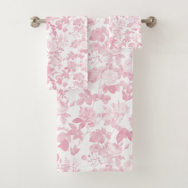Pink White Floral Roses Chinoiserie Bath Towel Set (Insitu)
