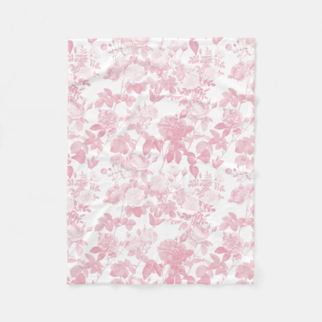 Pink White Floral Roses Chinoiserie Pattern Fleece Blanket (Front)