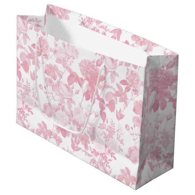Pink White Floral Roses Chinoiserie Pattern Large Gift Bag (Front Angled)