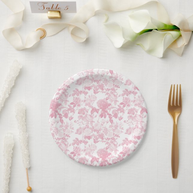 Pink White Floral Roses Chinoiserie Pattern Paper Plate (Wedding)