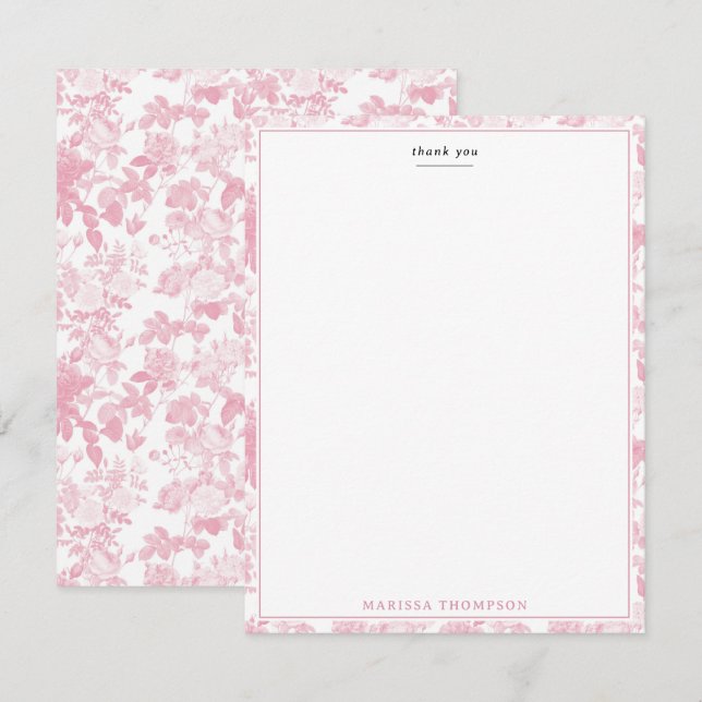 Pink White Floral Roses Chinoiserie Pattern Thank You Card (Front/Back)