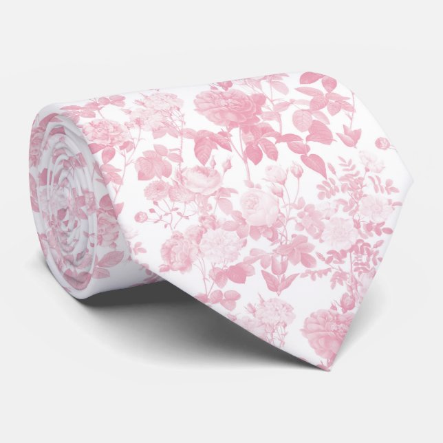 Pink White Floral Roses Chinoiserie Pattern Tie (Rolled)