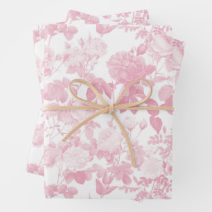 Pink White Floral Roses Chinoiserie Pattern Wrapping Paper Sheet