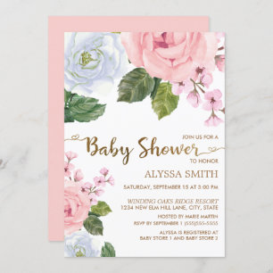 Pink White Floral Roses Elegant Script Baby Shower Invitation