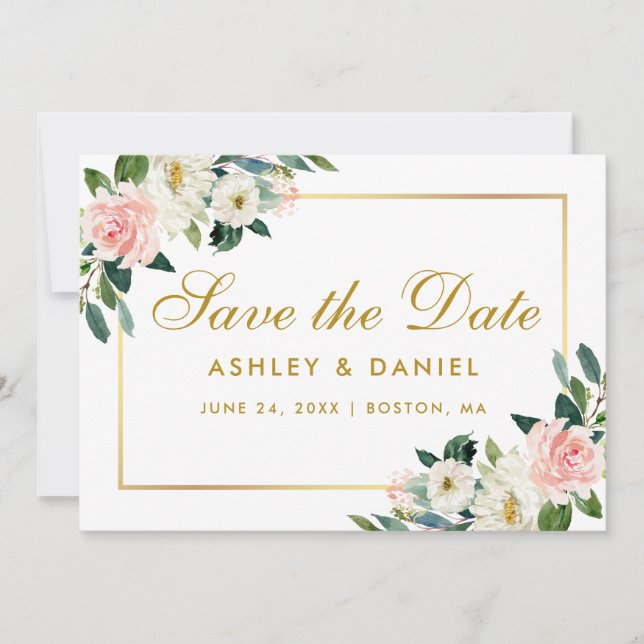 Pink White Floral Save The Date Gold Card (Front)