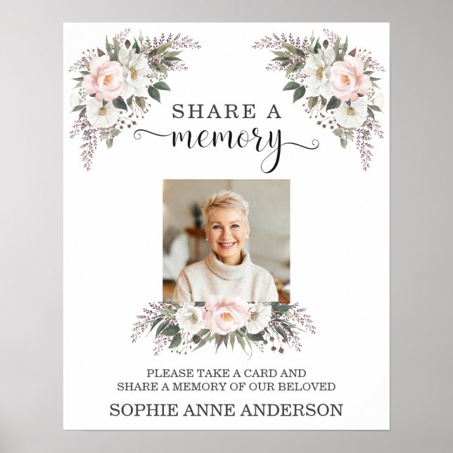 Pink White Floral Share a Memory Funeral Card Sign (Front)