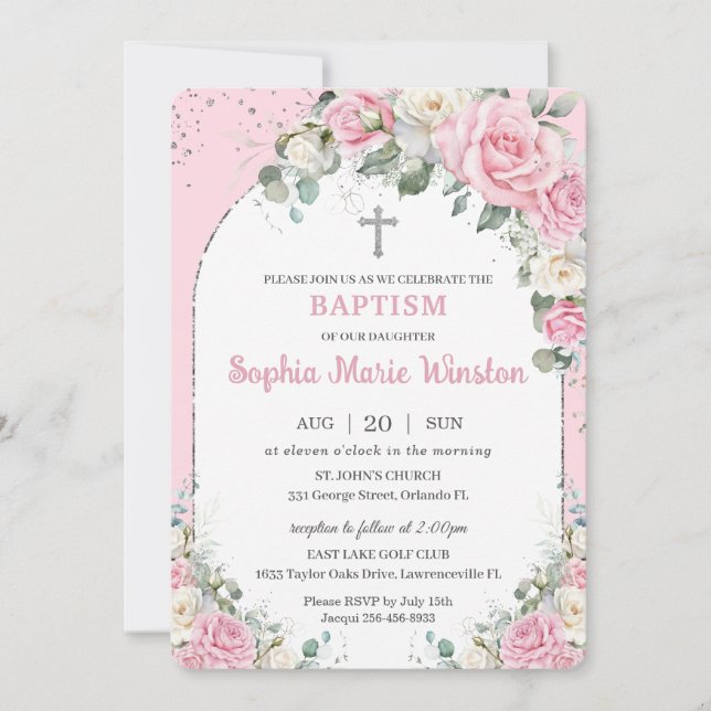 Pink White Floral Silver Arch Baptism Christening Invitation (Front)