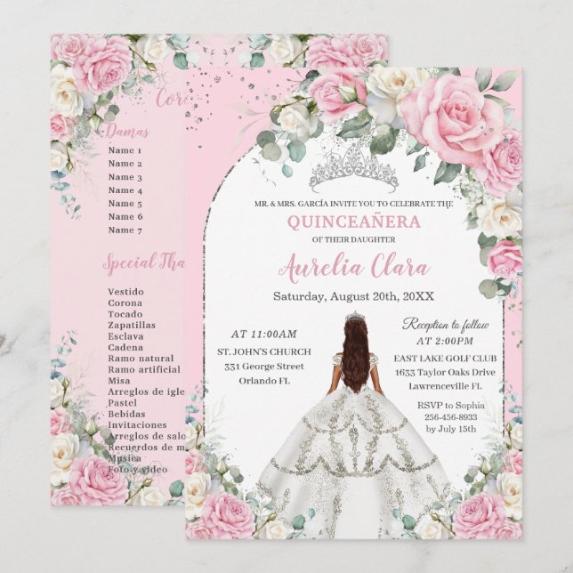 Pink White Floral Silver Arch Quinceanera Sweet 16 Invitation (Front/Back)