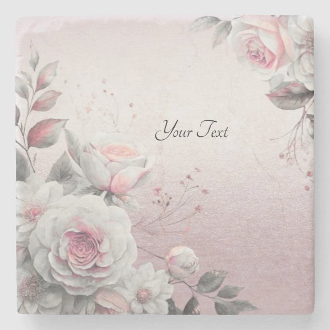 Pink White Floral Stone Coaster (Front)