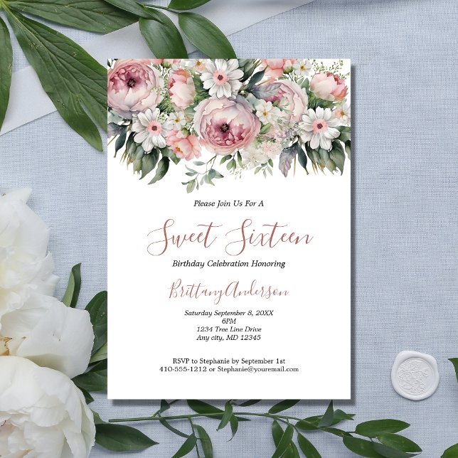 Pink White Floral Sweet Sixteen 16 Birthday Invitation (Elegant Pink White Floral Sweet Sixteen Birthday Invitation)