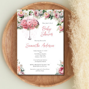 Pink White Floral Umbrella Girl Baby Shower Invitation