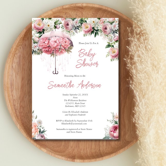 Pink White Floral Umbrella Girl Baby Shower Invitation (Pink White Floral Umbrella Baby Shower for Baby Girl Invitation)