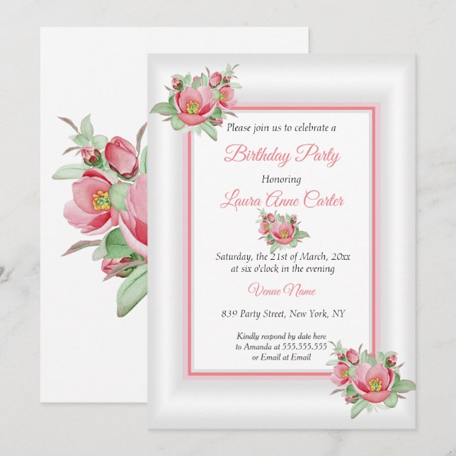 Pink White Floral Watercolor Birthday Party Invitation (Front/Back)