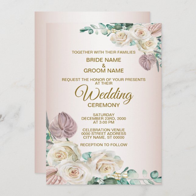 Pink White Floral Watercolor Greenery Wedding Invitation (Front/Back)