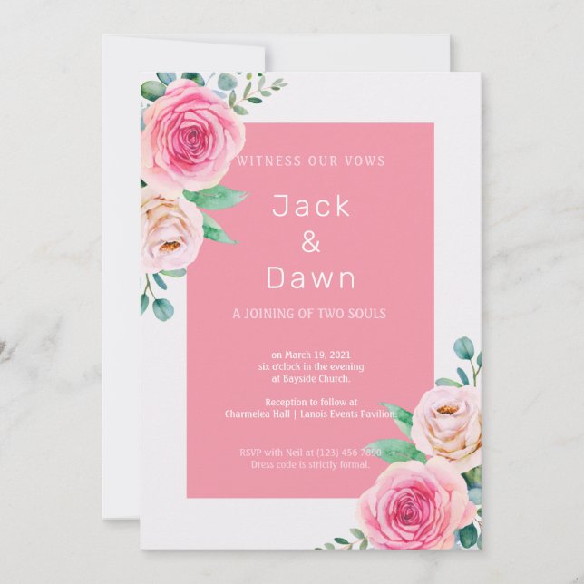 Pink & White Floral Watercolor Wedding Invitation (Front)