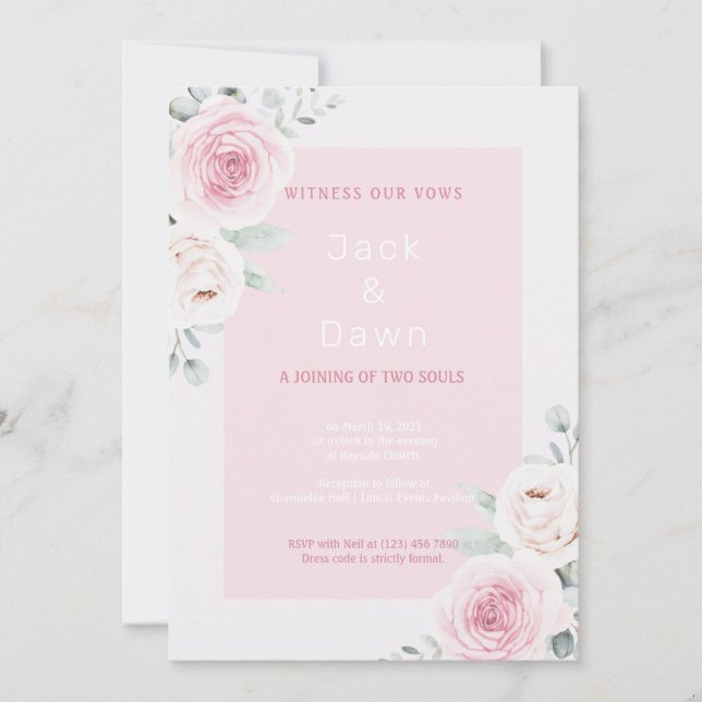 Pink & White Floral Watercolor Wedding Invitation (Front)