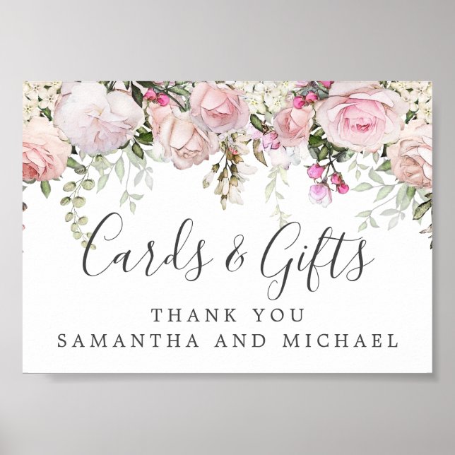 Pink White Floral Wedding Cards and Gifts Sign (Front)