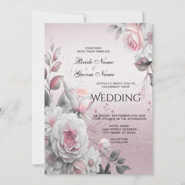 Pink White Floral Wedding Invitation (Front)