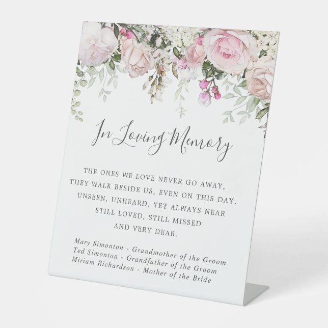 Pink White Floral Wedding Memorial Tabletop Pedestal Sign (Front)