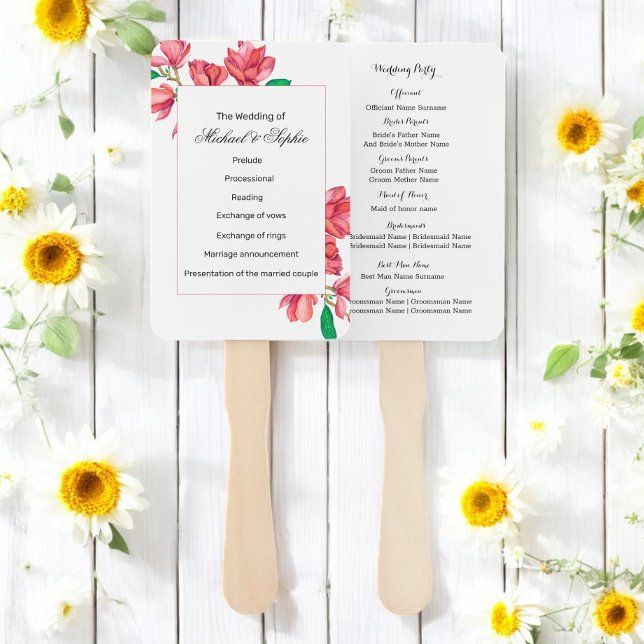 Pink White Floral Wedding Program Hand Fan (Creator Uploaded)