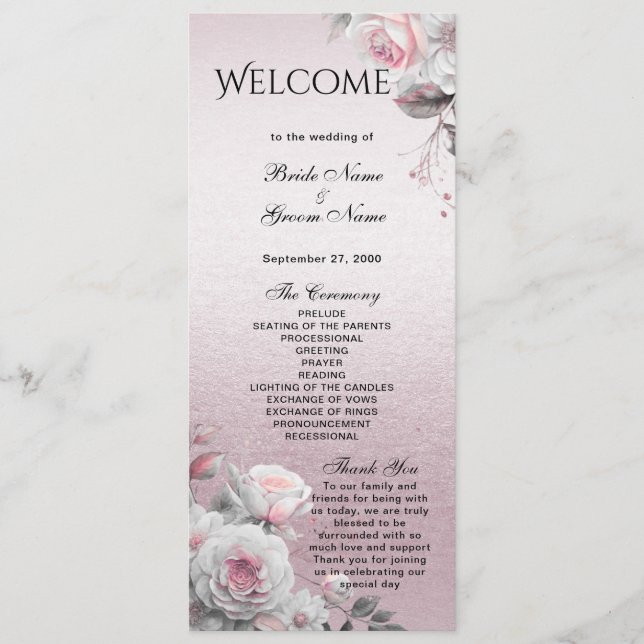 Pink White Floral Wedding Program Programme (Front)