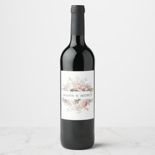 Pink White Floral Wedding Wine Label (Front)