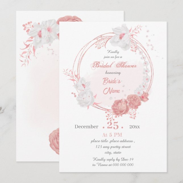 pink & white floral wreath bridal shower invitation (Front/Back)