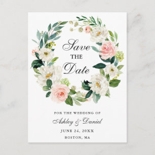 Pink White Floral Wreath Save the Date Announcement Postcard