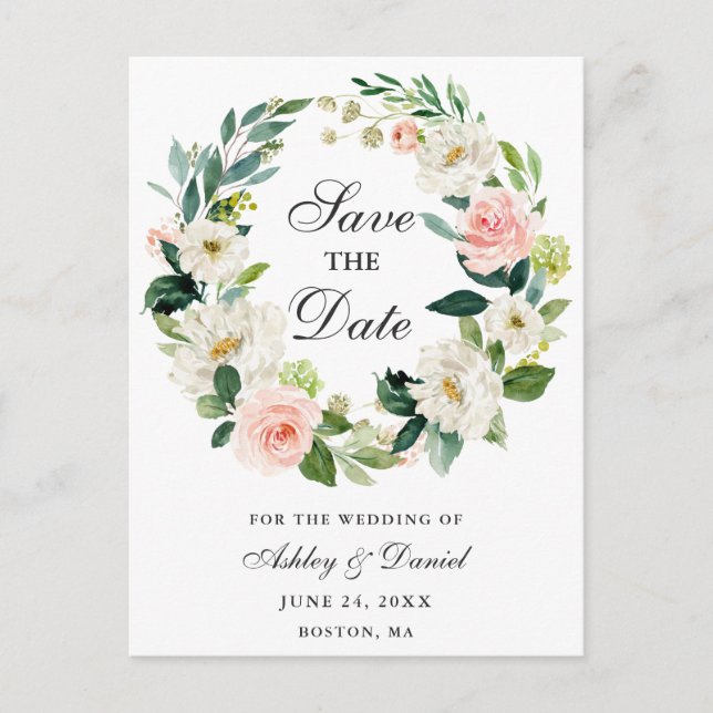 Pink White Floral Wreath Save the Date Announcement Postcard (Front)