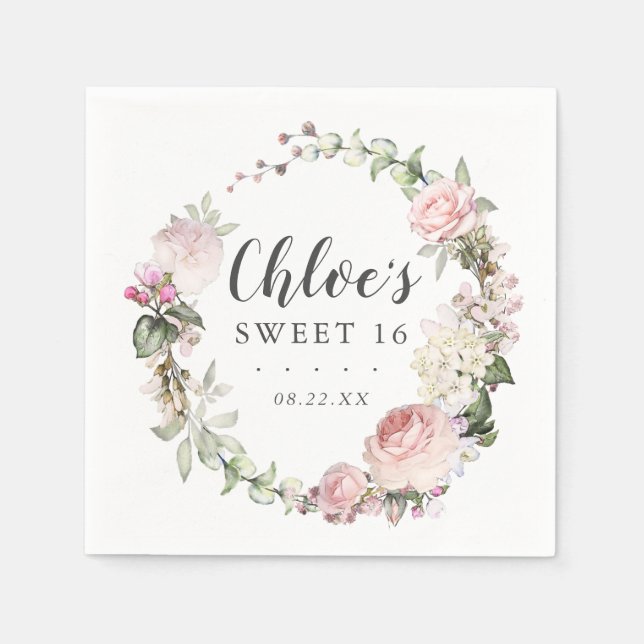 Pink White Floral Wreath Sweet 16 Party Napkin (Front)