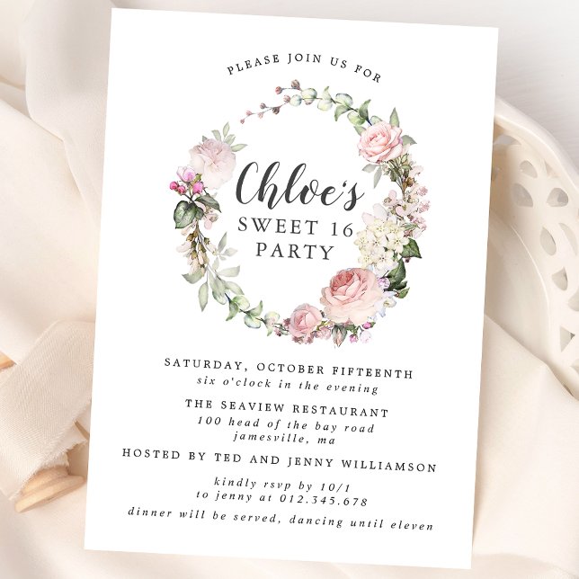Pink White Floral Wreath Sweet Sixteen Party Invitation (Creator Uploaded)