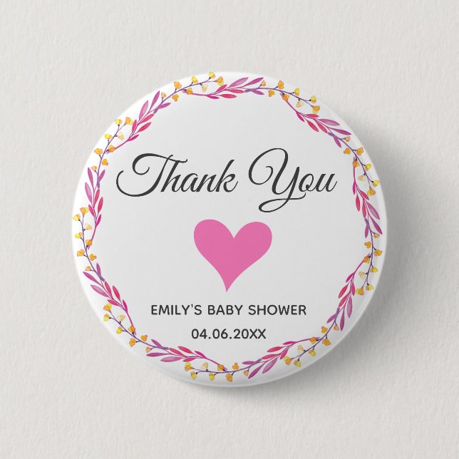 Pink & White Floral Wreath Thank You Baby Shower 6 Cm Round Badge (Front)