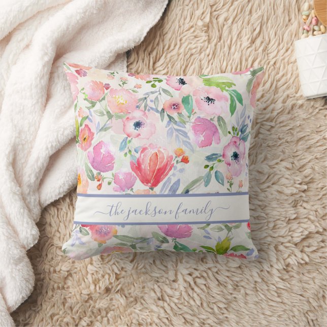 Pink white florals boho family name script cushion (Blanket)
